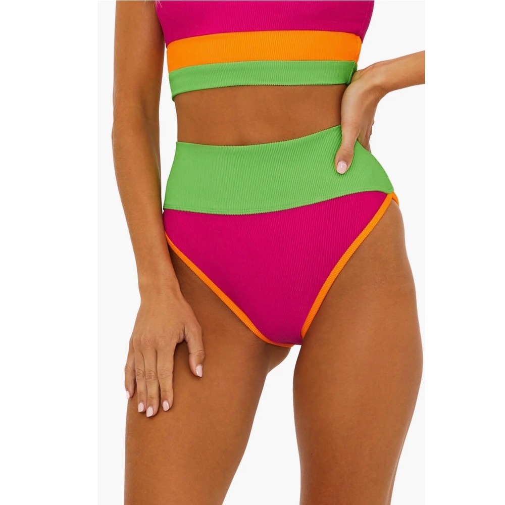 Beach Riot Emmy High Waisted Colorblock Ribbed Bikini Bottoms Women's Large NWT